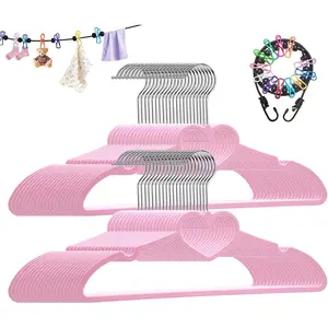 Plastic Hangers 50 Pack, Cute Clothes Hanger Ultra Thin Space Saving - Pink Clothes Hangers with 360 Degree Swivel Hook & Travel Clothesline - Sturdy Adult Coat Hangers for Dress, Shirts, Coats