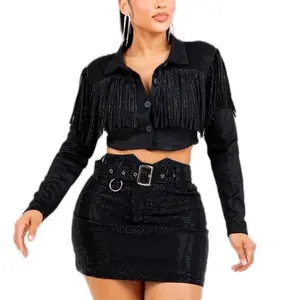 Mireya Top-TASSEL FRINGE CROP BUTTON DOWN SHIRTS - Tassel fringe - Crop body & Long Sleeves - Collared neck line & Button down - Model is wearing a size S (5'7"-34-26-39) Fabric Contents: 95% POLYESTER / 5% SPANDEX