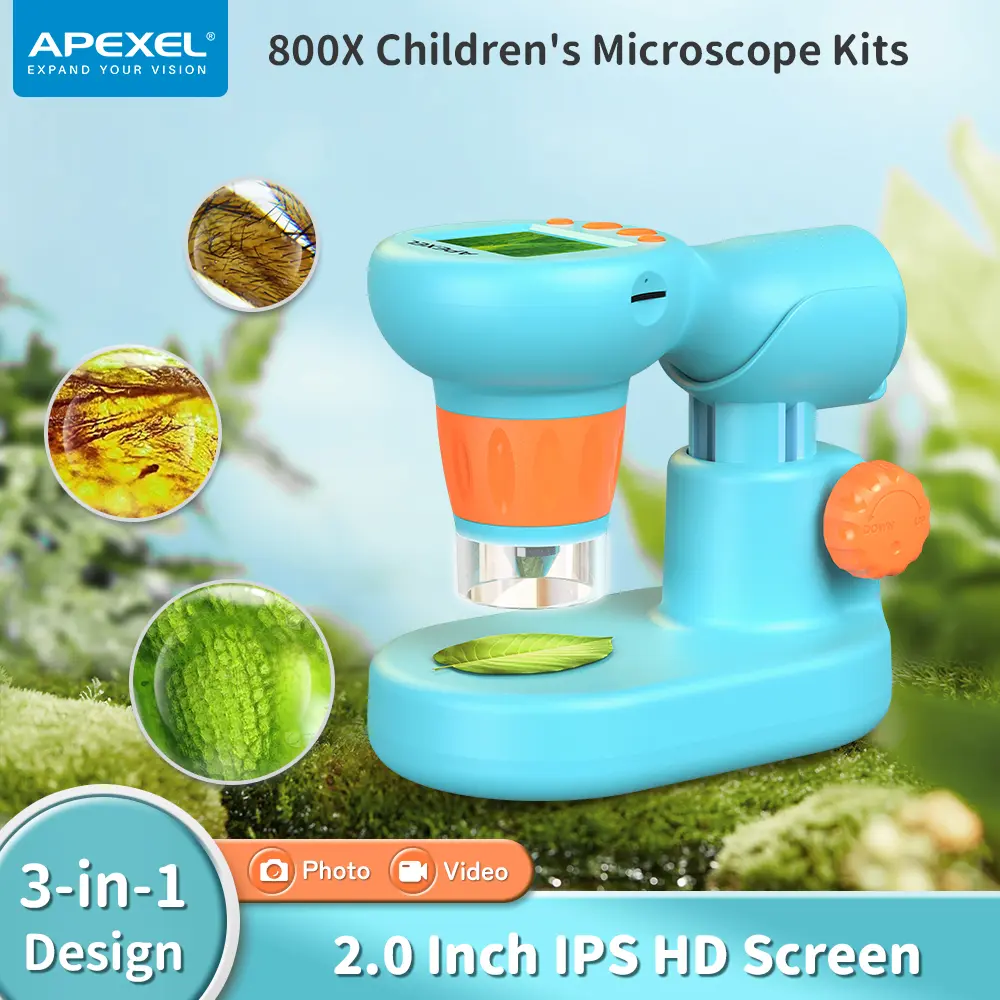 【XmasGifts】Apexel Digital Microscope for Kids, Handheld Microscope with 2” IPS Screen, Photo & Video Portable Child's with Adjustable Lights, Gift for Kids 3-12 (Including SD Card & Slides)