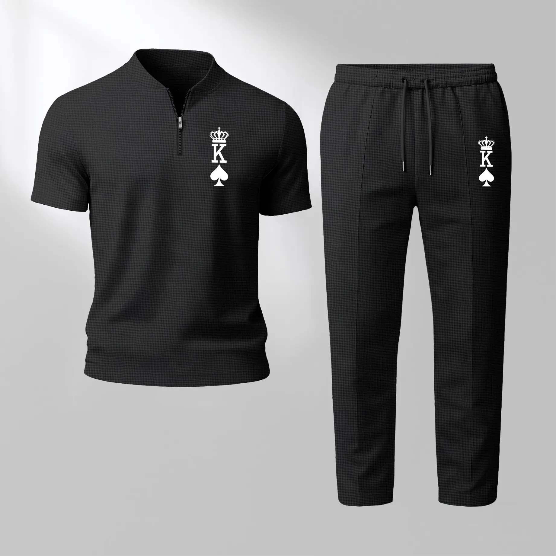Men's King Print Zip Henley Collar Short Sleeve and Long Pants Two Piece Set Made with Waffle Knit Fabric Breathable Soft Texture Loose Fit for Casual Everyday Wear