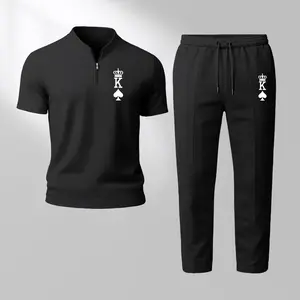 Men's King Print Zip Henley Collar Short Sleeve and Long Pants Two Piece Set Made with Waffle Knit Fabric Breathable Soft Texture Loose Fit for Casual Everyday Wear