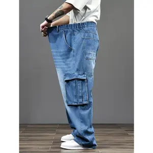 Half Elastic Waist Retro Workwear Jeans for Men Size 4XL-9XL Loose Fit Multiple Pockets High Waist Vintage Style Medium Stretch Fabric All-Season Wear Plus Size QT8003394