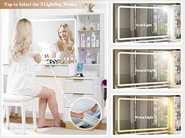 AMERLIFE 54" Tall Makeup Vanity, Vanity Desk Table with 35"W x 24"H Mirror, 5 Drawers, 3 Shelves & Charging Station, Glass Top, Modern Minimal Aesthetic Design for Home Storage/Interior Bedroom Furniture/Best Gift Ideas/Christmas Gifts