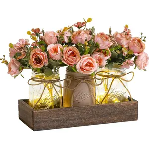3 Pcs Mason Jar Centerpiece Table Decorations for Dining Table Decor Farmhouse Coffee Table Decor with Wood Tray and Led Light Table Centerpieces for Dining Room Kitchen Living Bathroom,Pink