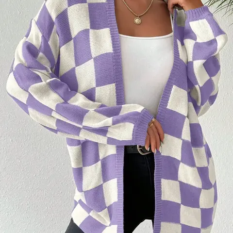 Women's Checkerboard Print Plaid Drop Shoulder Knitted Cardigan, Casual Fit Long Sleeve Open Front Knitwear for Fall & Winter, Women's Knit Clothing for Daily Wear, Knit Sweater, Casual Fashion Knitwear, Womenswear