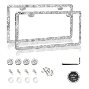 2Pcs Bling Rhinestone Car License Plate Frame Full CrystalSparkle Diamond Metal Frame with Installation Kit CuteAuto Exterior Decor Universal US Standard Car SUV DailyDriving
