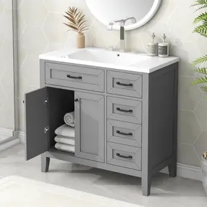 36" Bathroom Vanity with Sink Combo, Bathroom Cabinet with Drawers, Solid Frame and MDF Board, Grey (Old Sku:JL000007AAE)