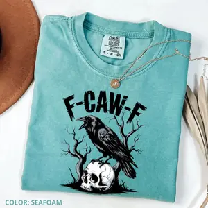 Comfort Colors F-Caw-F Shirt, Funny Raven Shirt, Retro Crow Women's Fall Summer Cotton Fabric Womenswear, Vintage Halloween Graphic Tee Shirt