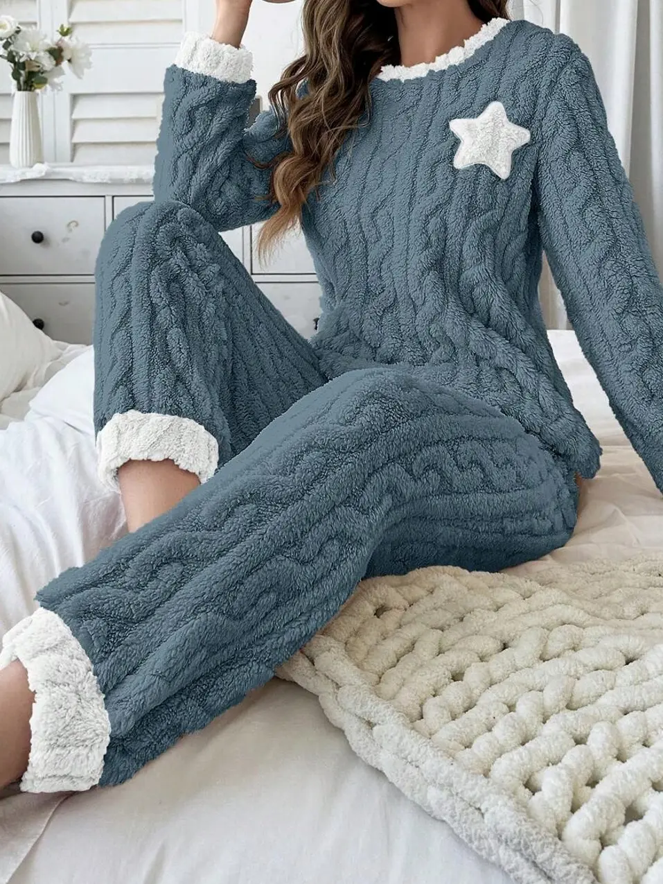 2-Piece Star Embroidered Fluffy Pajama Set in Dusty Blue, 100% Polyester