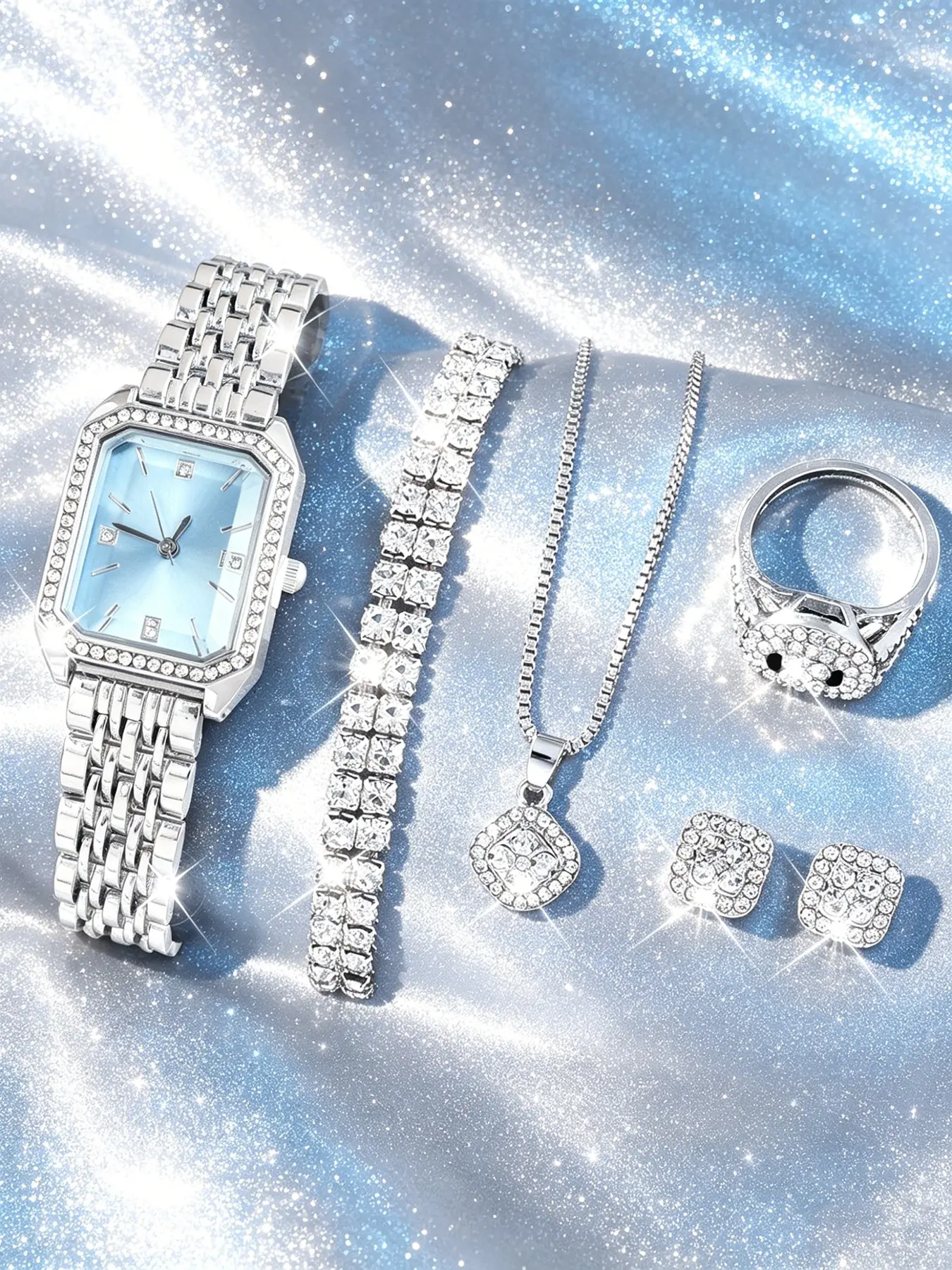 5-Piece Luxury Quartz Watch Set, Elegant Ice Blue Ladies' Watch with Bracelet, Necklace, Earrings, Ring, Perfect Gift for Anniversary, Mother's Day
