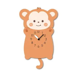"Banana"- Adorable Little Monkey Shaped Pendulum Clock, Cartoon Style, Light Brown, MDF, 13.7'x8'x1.8', White Gift Box