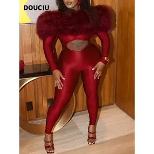 DOUCIU women’s one-shoulder long-sleeve jumpsuit — alien plush, thin solid color, sexy hot, street-style personality, social trend, cocktail party/bar/nightclub