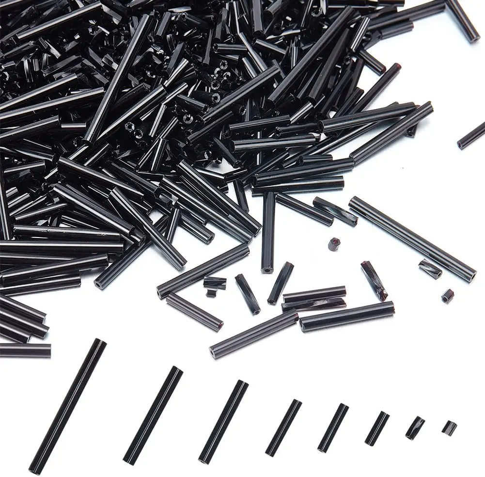 1176 count 6 Sizes Glass Tube Beads Black Bugle Seed Beads Mixed Size Tube Seed Craft Bead Assortment Bead for Ultra-fine lineHole: 0.5-1mm