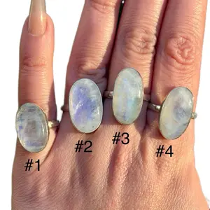 Sterling Silver Large Oval Rainbow Moonstone Cabochon Rings for Women
