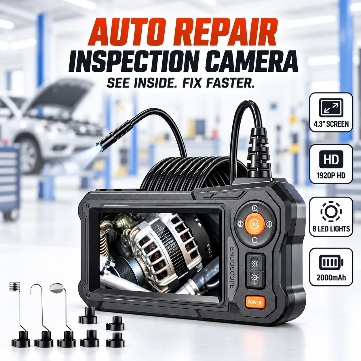 Automotive Repair Borescope Camera with 4.3" HD Screen, 8 LED Lights, Compact Design, 16.5FT/33FT Waterproof Cable, Video Recording, Engine Inspection Diagnostic Tool for Car Repair, Pipe Check, 16.5Ft Cable