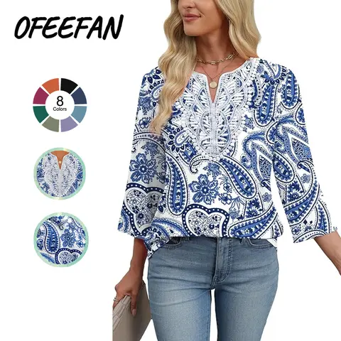 OFEEFAN Womens transitional Boho Lace V-Neck 3/4 Sleeve Relaxed Fit Top Trendy Blouses Dressy Casual  S-3XL