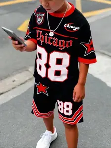 Boys' Chicago Number 88 Set, Summer Trendy Athletic Sports Short Sleeve Shorts Two-Piece Clothing Set, Casual Fitted All over Print