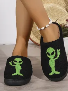 Teddy Velvet Ultra-Soft Slippers, Fluorescent Alien Embroidery, Thick Plush Lining, Anti-Slip Soundproof Sole, Home Bedroom Living Room Wear