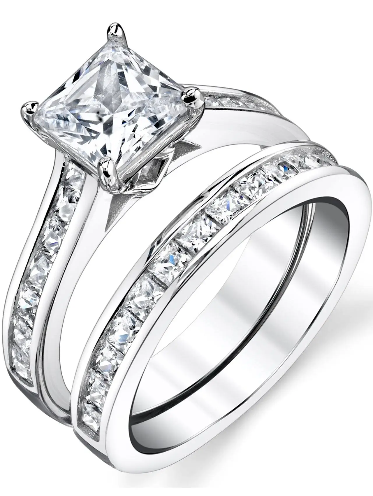 Women's 1.5-Carat Princess Cut Cubic Zirconia Bridal-Set Rings - 8MM 925 Sterling Silver Engagement Eternity Band, 925 Jewelry Wedding Rings Gifts for Women