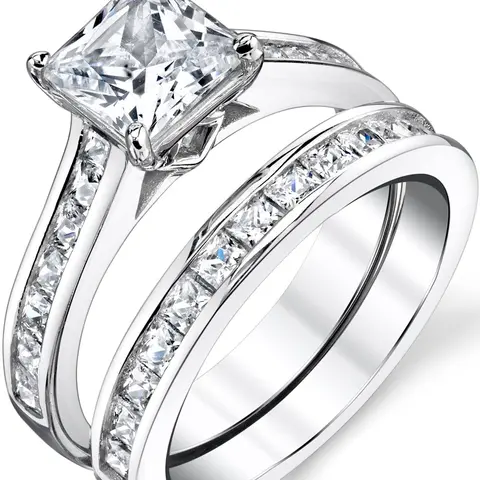 Women's 2-Piece Bridal Ring Sets - 1.5-Carat Classic Princess Cut Cubic Zirconia 8MM 925 Sterling Silver Engagement & Eternity Band, High Polish Finish Wedding Jewelry, Complimentary Ring Gift Box