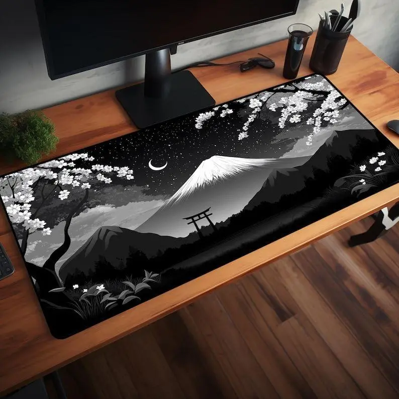 Black and white landscape mousepad, Japanese Fuji deskmat, anime art mousepad, 10 different sizes and led options, gaming mousepad, desk accessories