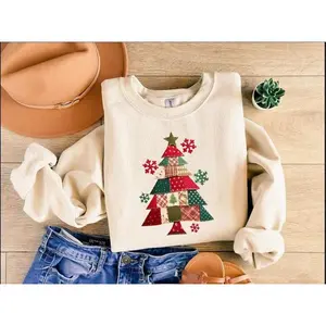 Patchwork Christmas Tree Sweatshirt,Faux Embroidery Cozy Quilted Holiday Tree Long Sleeve, Cute Plaid and Bow Graphic Hoodie Gift,Xmas Shirt