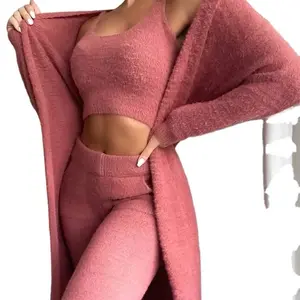 Women's Three Pieces Long Pajamas Set - Sexy PJ Set in Soft Pink black and white for Nightwear - Loungewear