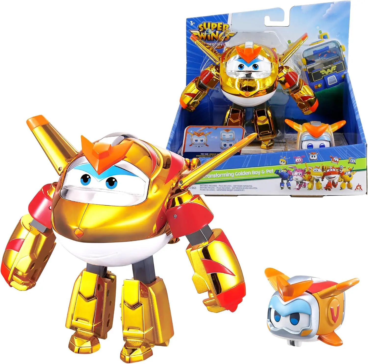 Super Wings 5" Transforming 2-Pack Supercharged Golden Boy & Super Pet with Light Effect, Season 7 Airplane to Robot Transformable Toys, Preschool Birthday Gifts for Kids 3+