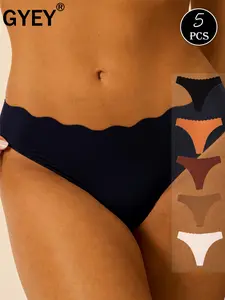 5 Pcs Women's Seamless Invisible Smooth Thong Panties, Low Waist Wavy Edge, 5 Colors Available, Polyester Spandex Blend, Ultra Soft Elastic, Daily Wear, Everyday Fit Underwear