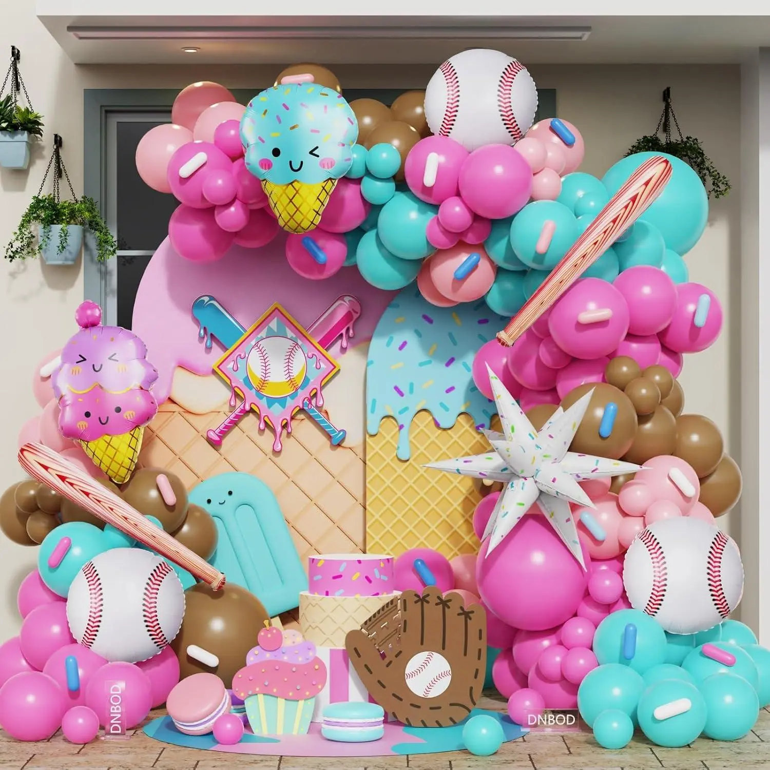 154-Piece Colorful Ice Cream Drip Baseball Party Balloon Arch Garland Set, Hot Pink Blue Backdrop Kit with Baseball, Bat, Ice Cream Cone, Sprinkle Star Foil Balloons for Summer Sport Birthdays, Baby Showers Photo Decorations