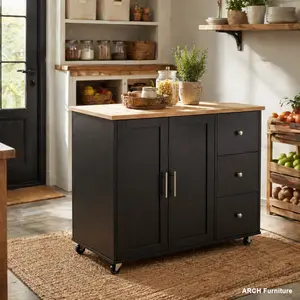Modern Arch Rolling Mobile Kitchen Cart with Wood Top, 39.76in Wheels, 2 Doors, 3 Drawers, Adjustable Shelf, Black Freestanding Indoor Floor Cabinets, Home Storage Furniture for Kitchen/Dining Room, Freestanding Floor Cabinets