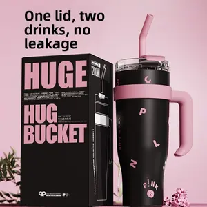 New Black Pink 40oz Insulated Cup Giant Capacity Thermal Flask with Handle Straw Leakproof Car Cup for Summer Drinks