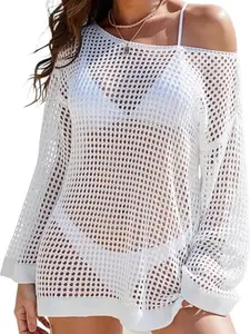 Women's Off Shoulder Crochet Cover Up Top Long Sleeve Mesh Knit Swimsuit Cover Up Beach Swimwear Coverup Hollow Out Summer Top