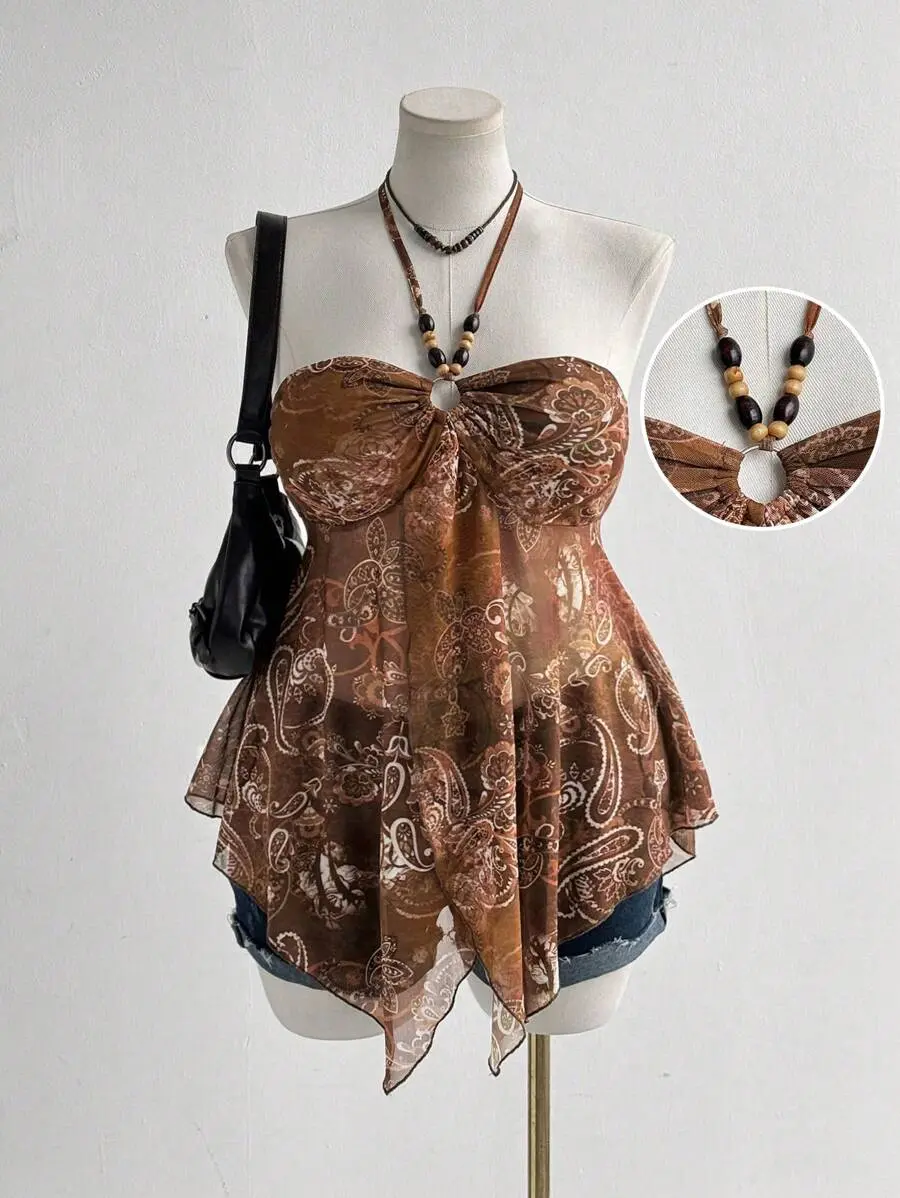 Plus Size Women's Summer Boho Vacation Holiday Retro Mesh Print Backless Suspender Top, Y2k Chest Fold Bead Pendant Beach Camisole