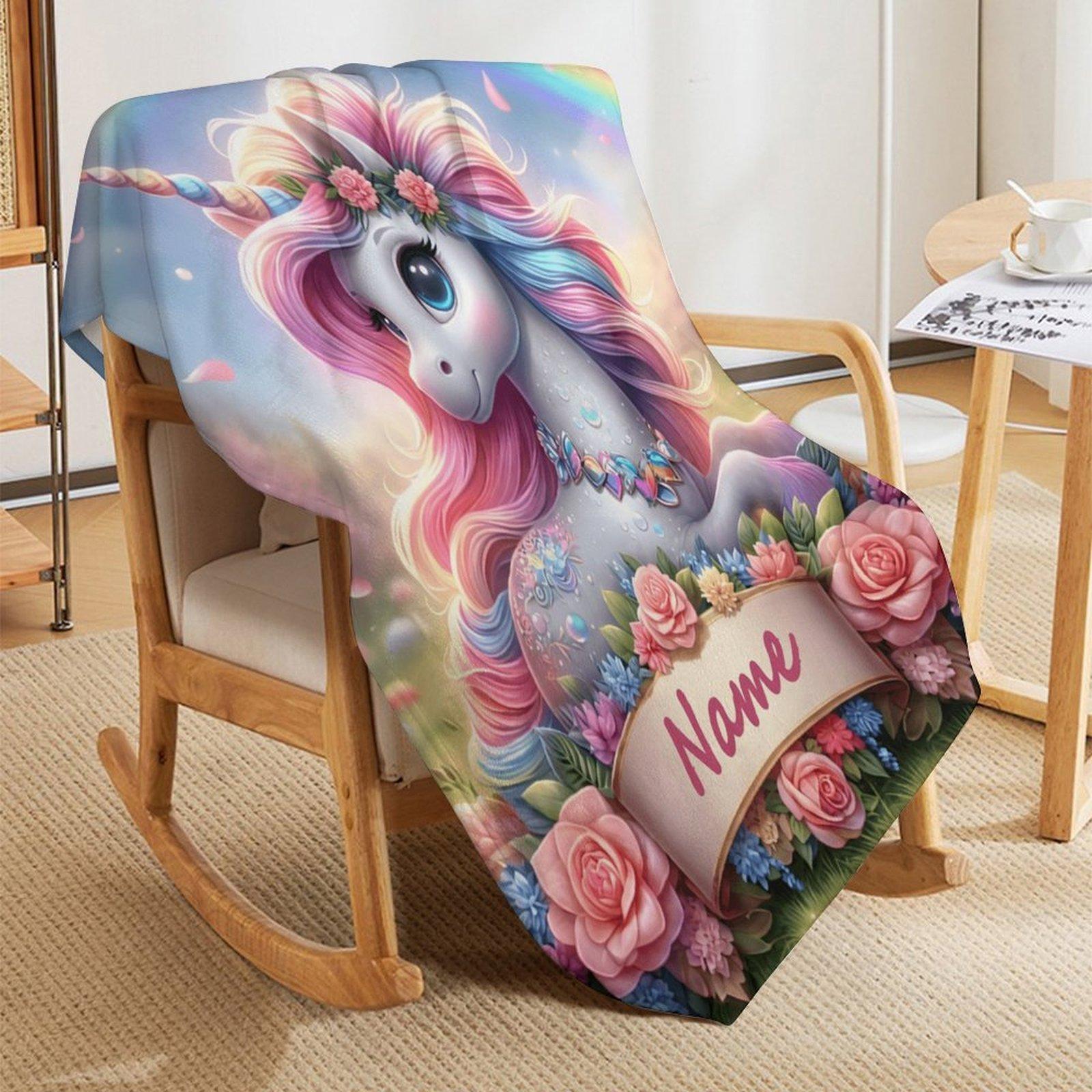 Custom Name  Cute Unicorn Blanket ,Personalized Name Gift ,Suit for The Sofa, Bed, Travel, Camping, Living Room, Office, Chair，Gifts for Family or Child  ,Friend , Send your custom text via shop chat to personalize