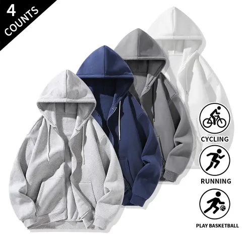 Men’s 4-Pack Plain Full-Zip Loose-Fit Polyester Hooded Gym Jacket - Athletic Fitness Outerwear, Running Workout Zip-Up Jackets with Practical Kangaroo Pockets for Sports, Cycling
