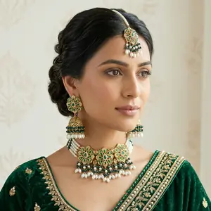 Pearl Choker with Matching Tikka & Jhumkas simple style jewelry