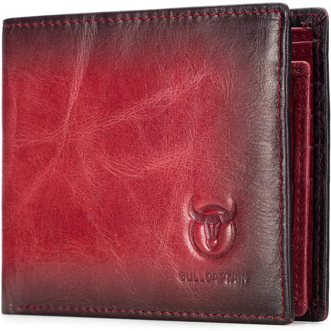 BULLCAPTAIN RFID Wallets for Men Slim Bifold Genuine Leather Front Pocket Wallet with 2 ID Windows Qb-05（Crimson ） BULLCAPTAIN