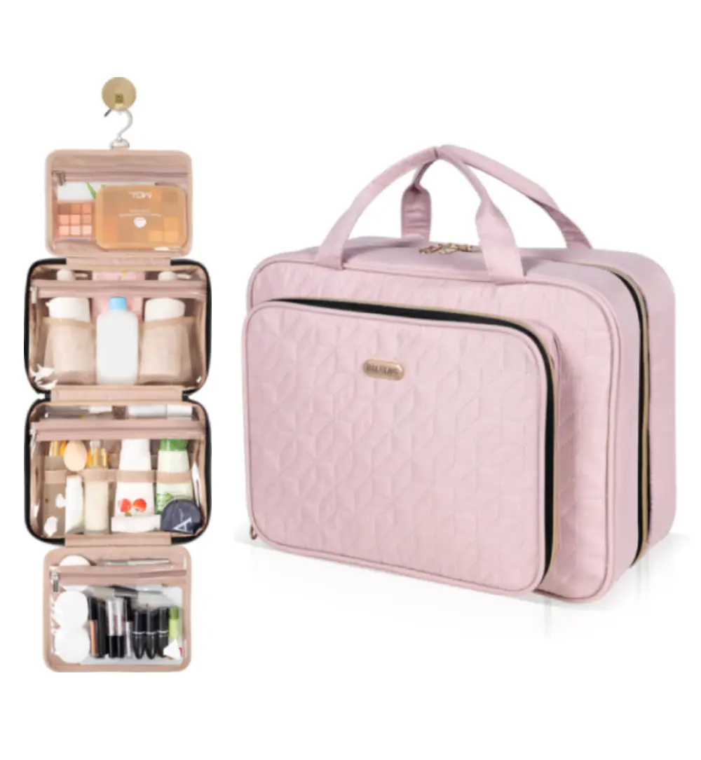 Toiletry Bag Travel with Hanging Hook, Water-resistant Cosmetic Makeup Organizer for Full-Sized Shampoo, Toiletries, Durable Folding Nylon Bag – Compact Travel Essentials, Bathroom Storage, Pink