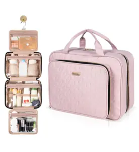 Toiletry Bag Travel with Hanging Hook, Water-resistant Cosmetic Makeup Organizer for Full-Sized Shampoo, Toiletries, Durable Folding Nylon Bag – Compact Travel Essentials, Bathroom Storage, Pink