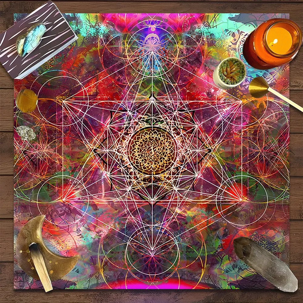 Colorful Energy Grid Design Square Tarot Tablecloth, Fantasy-style home decor Altar Cloth Multiple Sizes Polyester Fabric, Easy to Clean and Maintain Decorative Divination Cloth for Spreads & Rituals Gift for family and friends