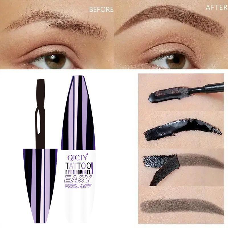 Easy-to-peel eyebrow gel that is waterproof and sweatproof, featuring long-lasting black or brown tattoo shades, film-forming application, and medium coverage suitable for all skin types. eye