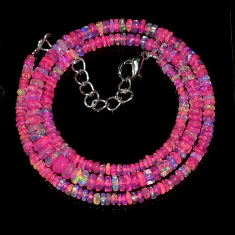 Natural Ethiopian Pink dyed Opal Gemstone Bead Necklace (925 chain)