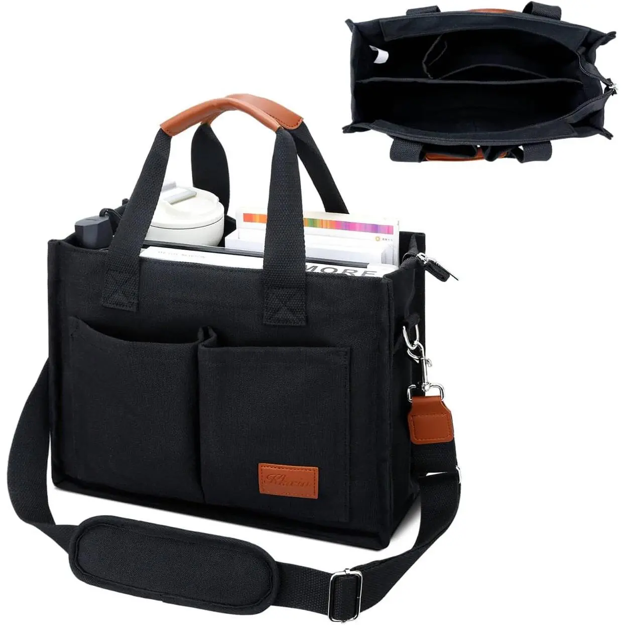 KKXIU Large Canvas Tote Bag for Women with Zipper and Compartments Crossbody Work  Messenger Purse Bag With Pockets