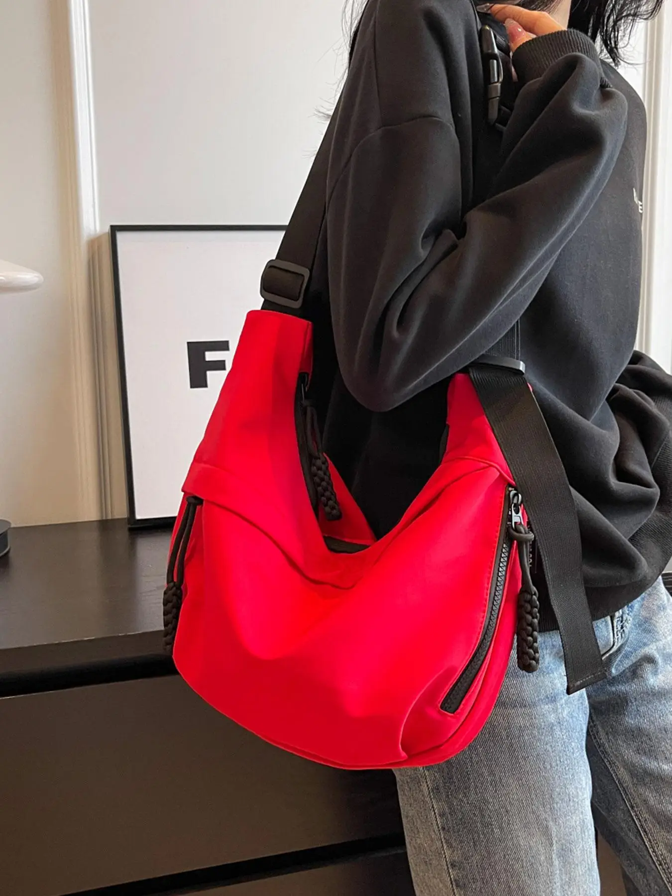 Crossbody Bag for Women, Casual Plain Oxford Zipper Half Moon Bag, Simple Matching Crossbody Bag for Work & School, Trendy Versatile Shoulder Purse fo