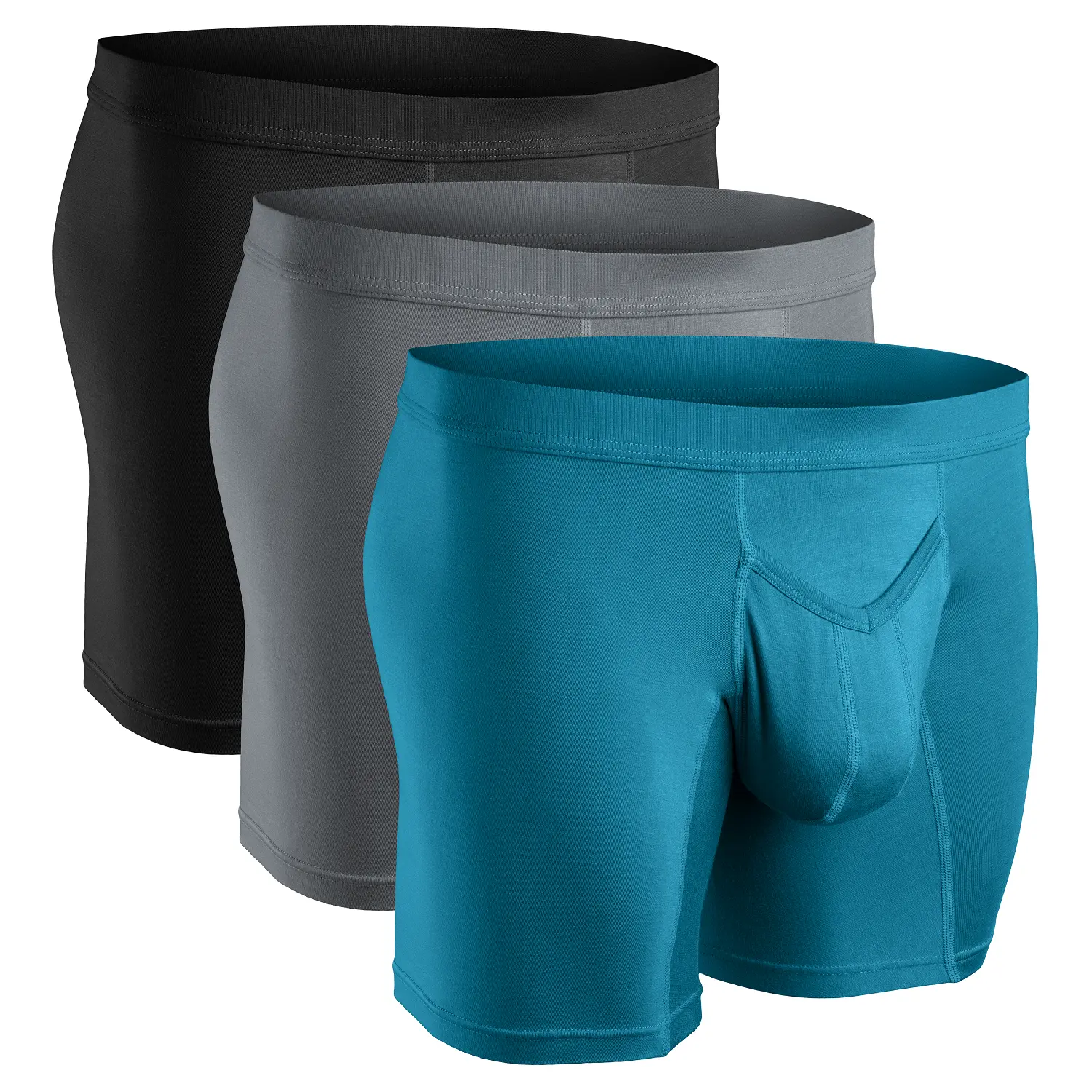 Men's Modal Spandex V-Fly Front Boxer Briefs - 7-Inch Inseam, Regular Fit, Pouch Design, Plain Style, Athletic Underwear (Cyan, Grey, Black Waist Set)