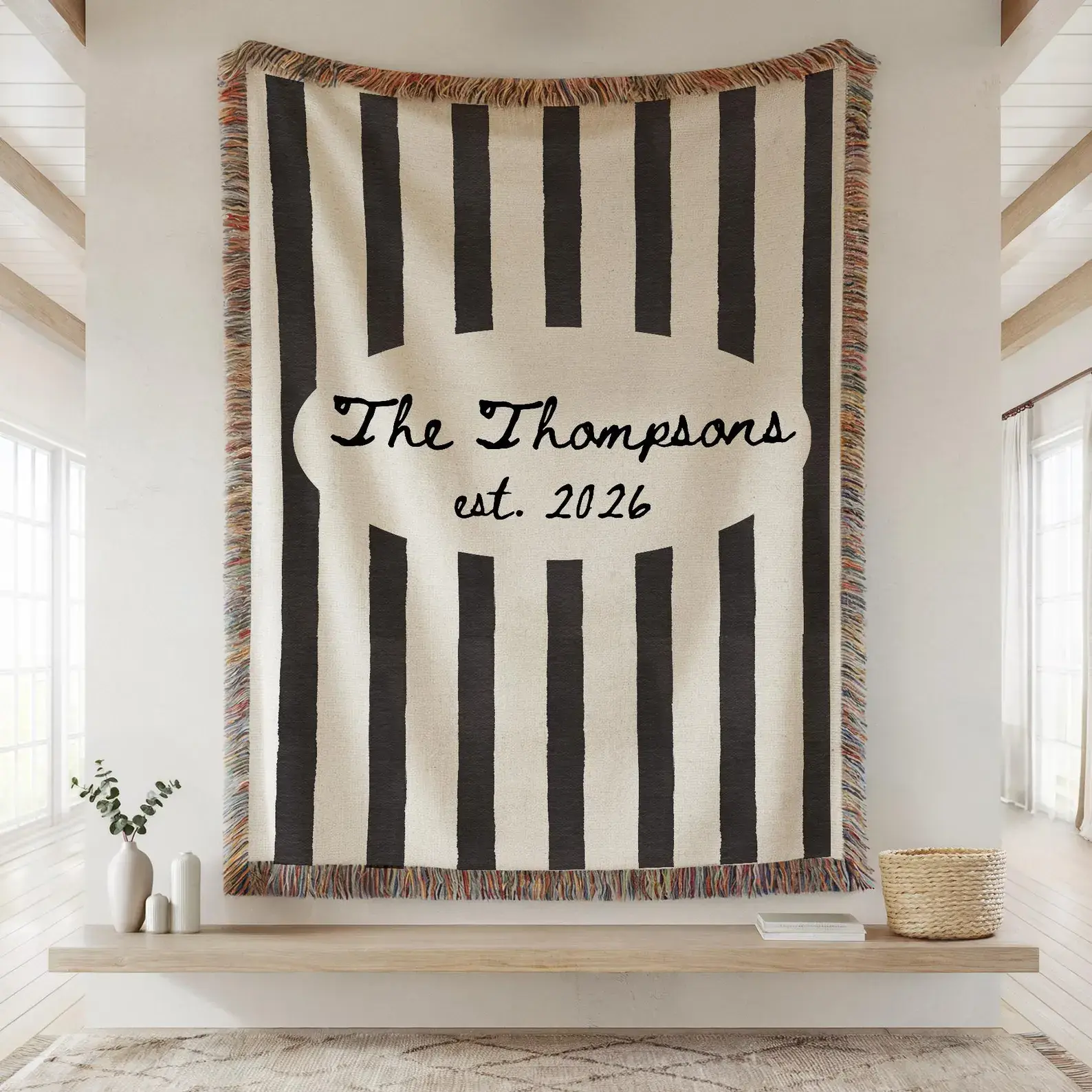 Personalized Family Name Woven Blanket, Custom Cotton Throw Blanket with Last Name & Est Year, Wedding Anniversary Gift