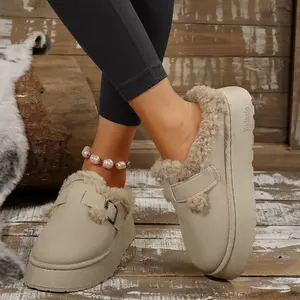 Cozy Plush Lined Platform Slippers for Women - Stylish Winter Mini Snow Boots Casual Shoes with Buckle Indoor Outdoor Shoes