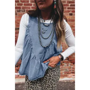 Myosotis Denim Pleated Patchwork Sleeveless Top