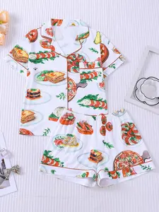 Women's 2-Piece Quirky Italian Food Print Pajama Set, Creative Foodie Loungewear with Brown Piping, Short Sleeve Lapel Top with Small Pocket & Elastic Waist Shorts, Soft Comfy All-Season Casual Sleepwear Pjs